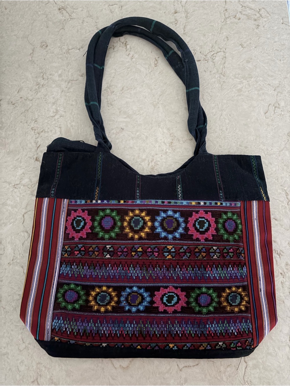 Boho Embroidered Tote Bag in Black and Multicolor